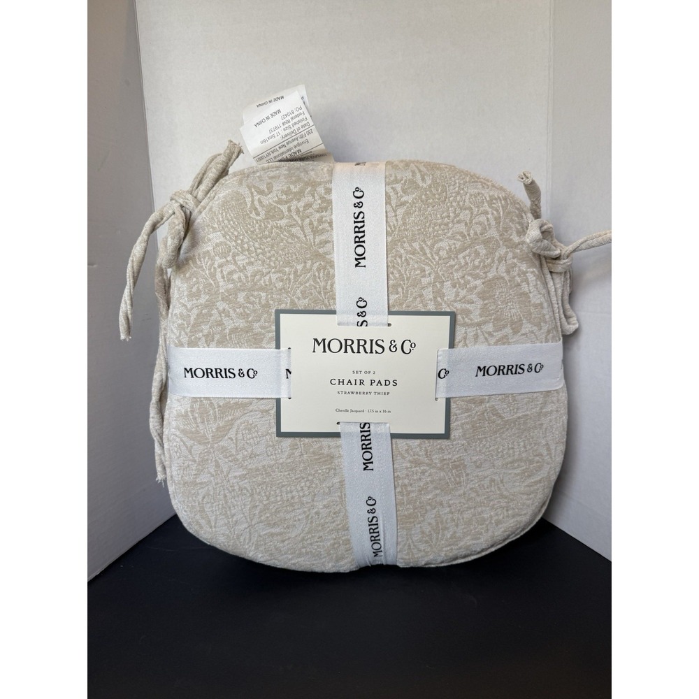 Morris & Co Plush 'Strawberry Thief' 2 Pack Chair Pads W/Ties White/Cream/Beige